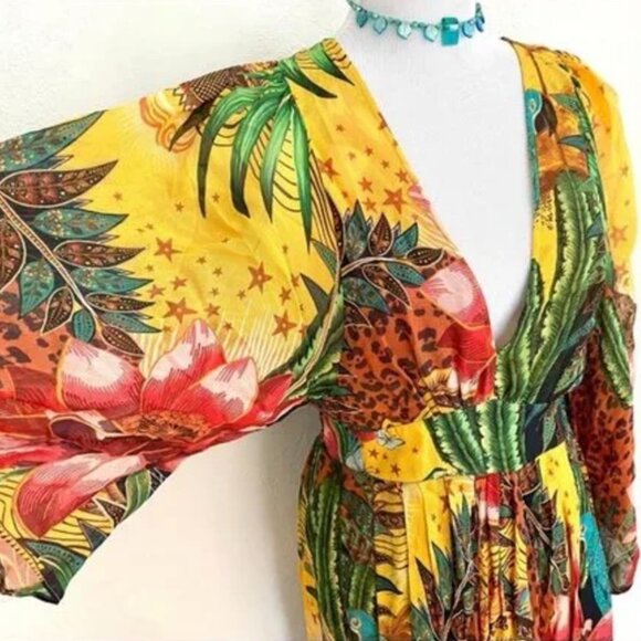 Farm Rio Tropical Dreams Caftan Maxi Dress Yellow Multi Jungle Cheetah Print - Picture 3 of 9